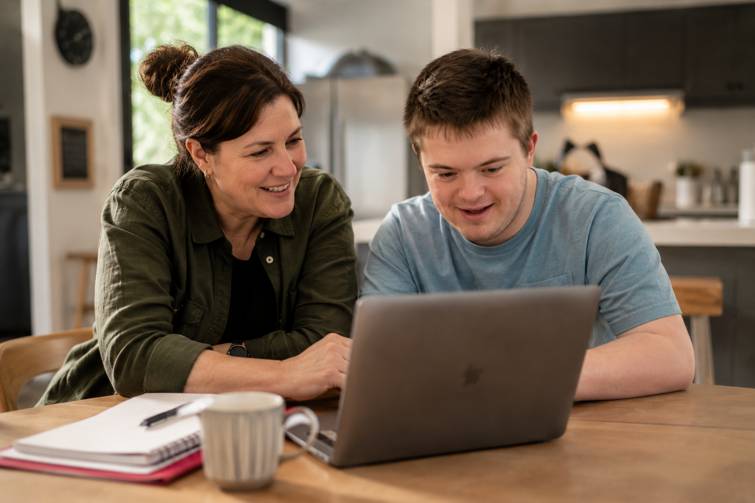Parent sitting with young person looking at a laptop screen together